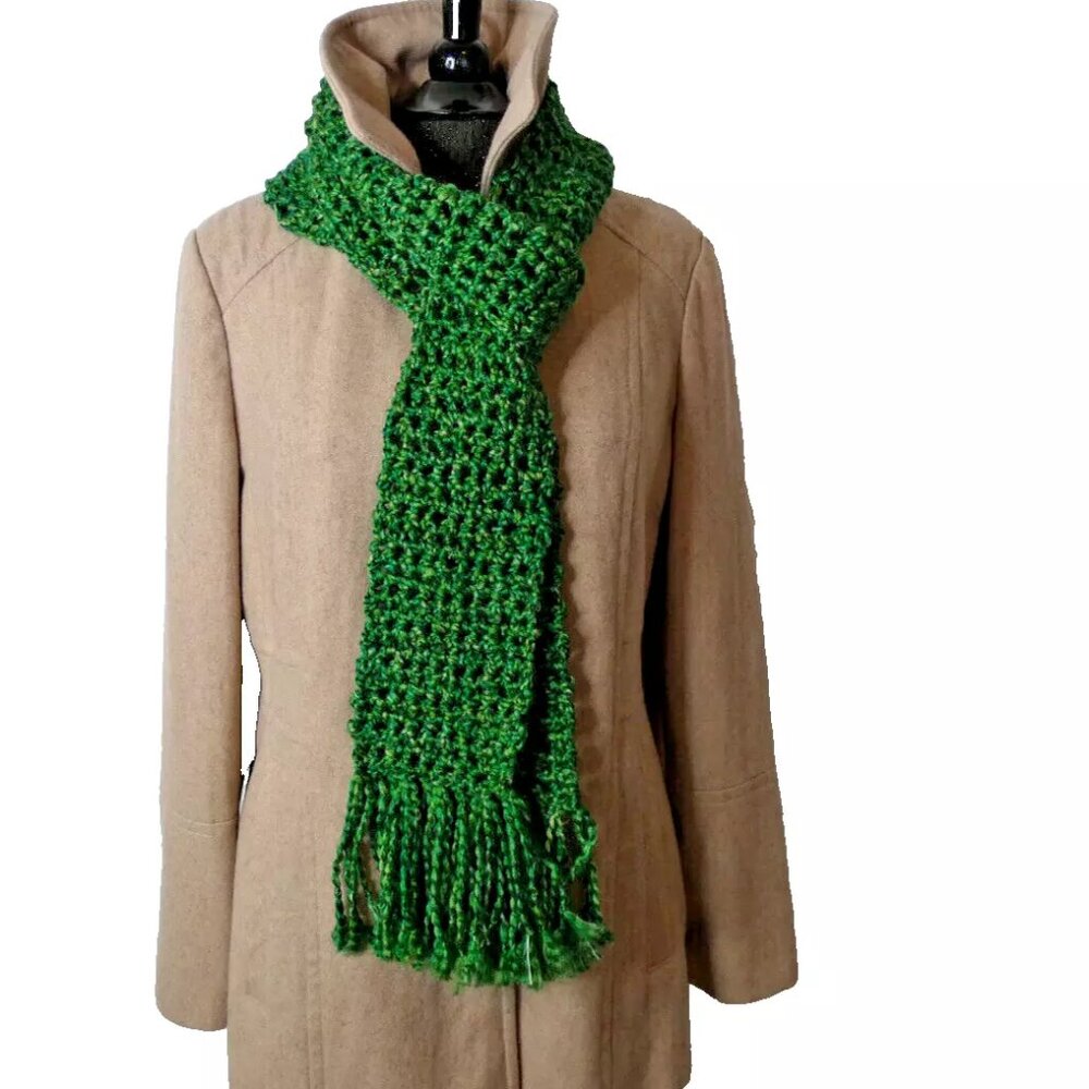 Green Scarf 87x5 Retro Chunky Handmade Crochet Hand Knit Gift Men Women NWT